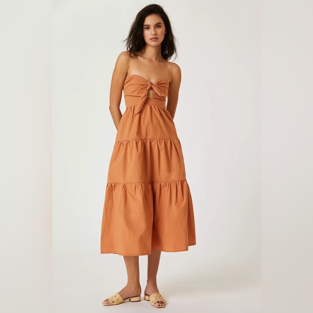 Strapless Tie-Front Tiered Midi Dress - Rust